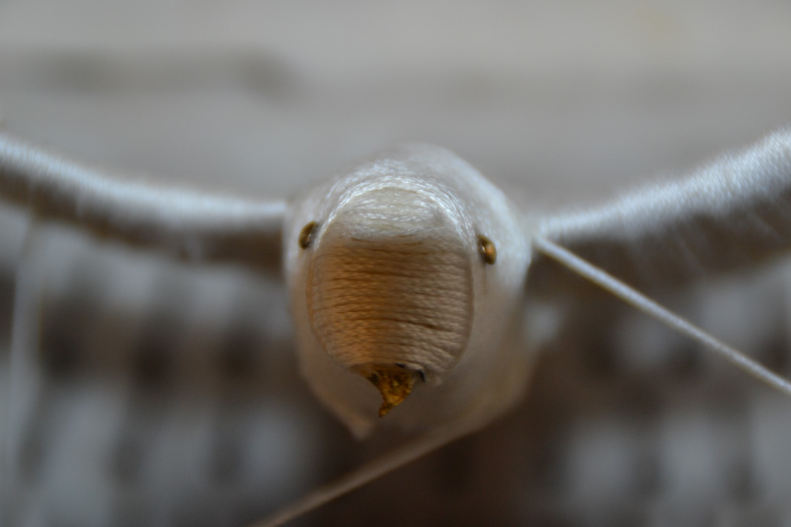 Close-up of the main sculpture of the work, covered with white threads.