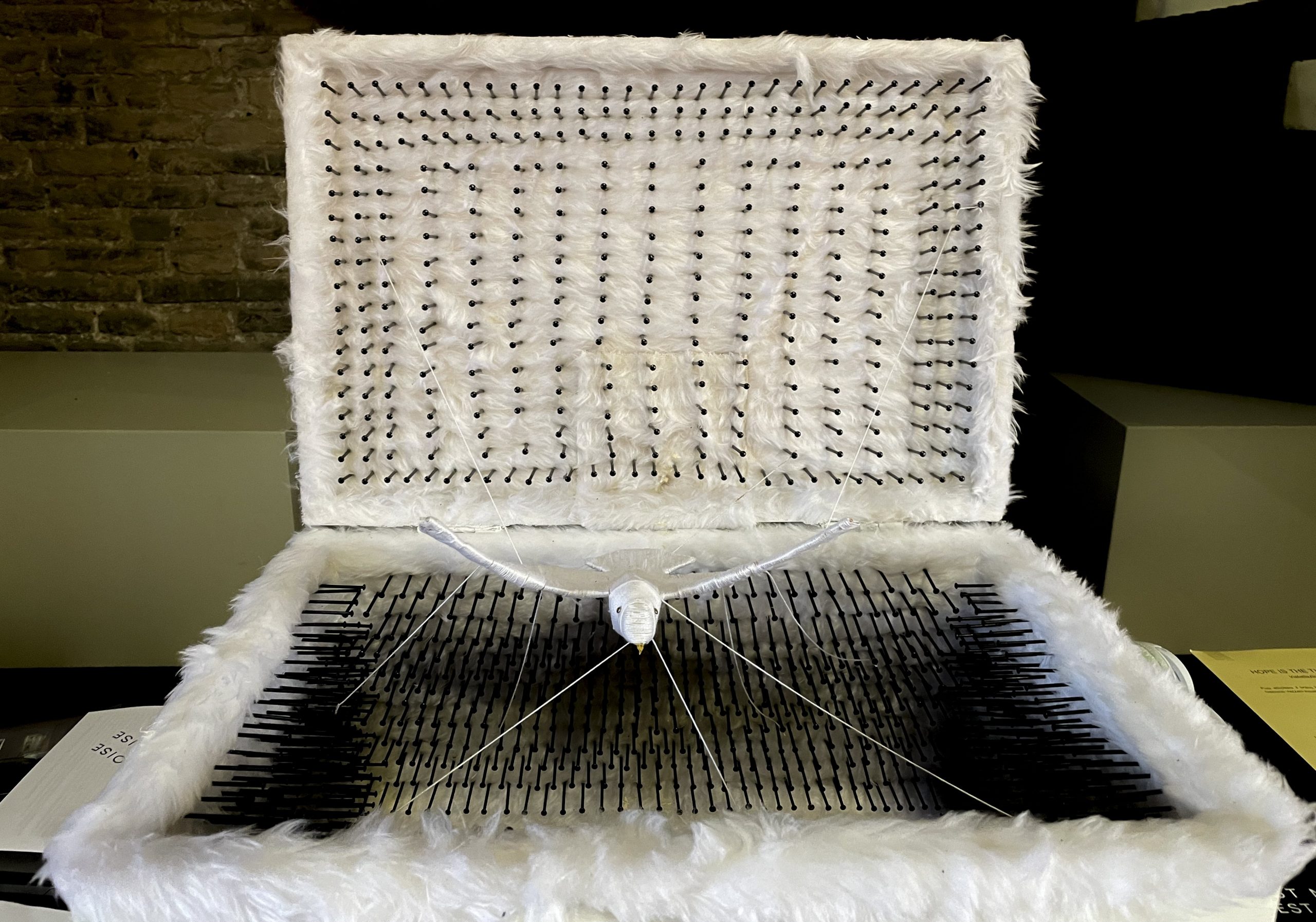 Immagine che ritrae tutto lo scrigno riempito da piume e chiodi, con al centro la scultura di un uccello tenuta sospesa da fili bianchi