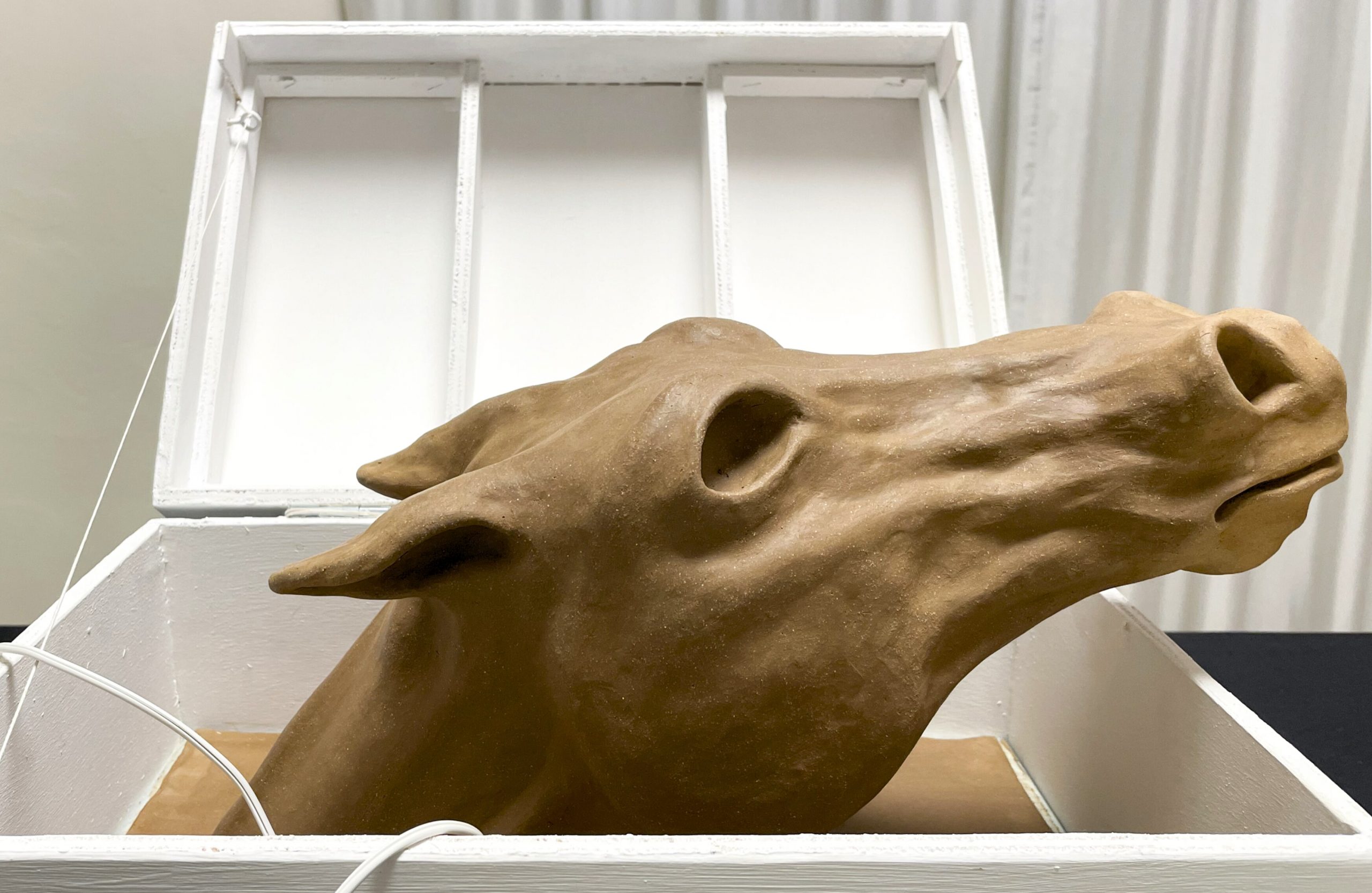 Close-up of a clay sculpture depicting a horse's head.