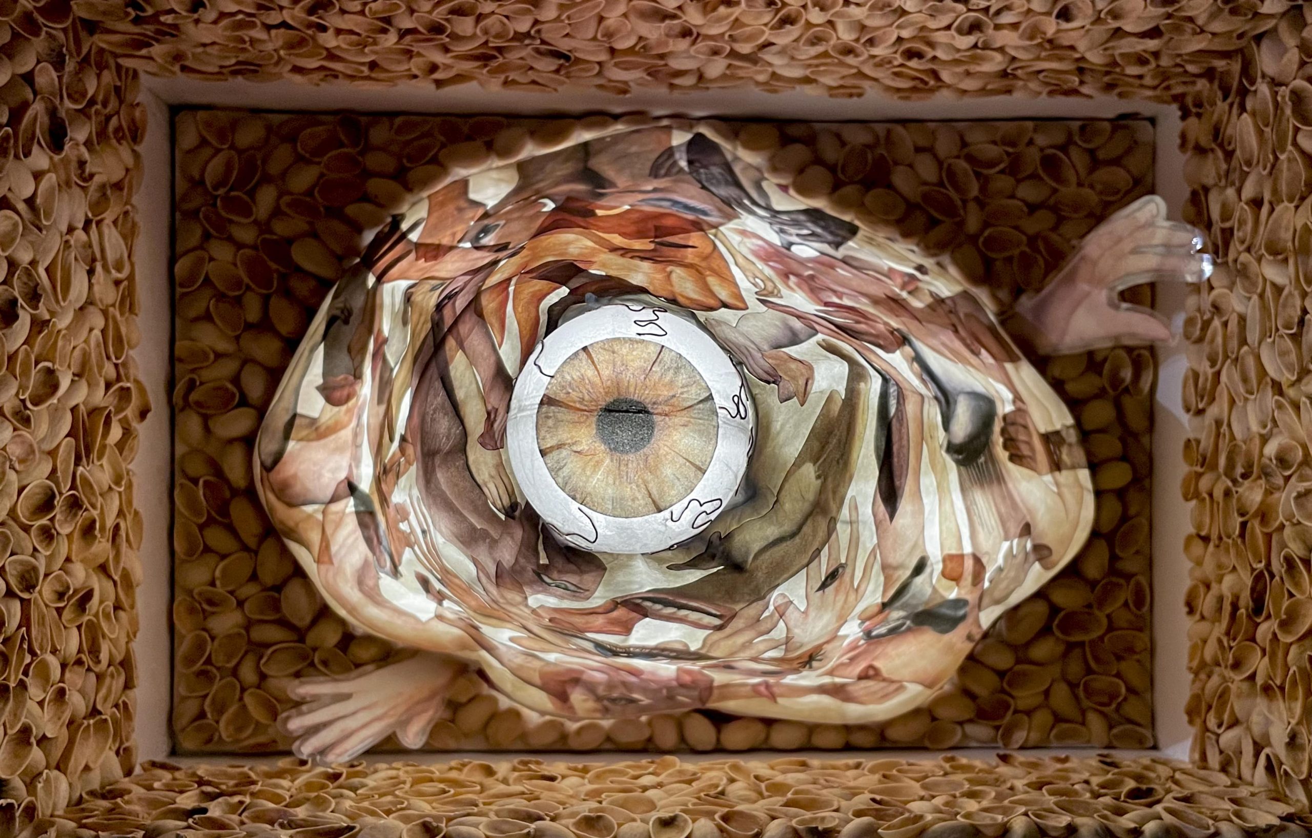 Detail of the interior of the chest with paper fragments of hands and faces.