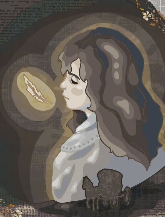 Disegno di una studentessa da collaborazione Passaglia. Ragazza vestita di bianco, con volto di profilo e una piuma bianca accanto a lei